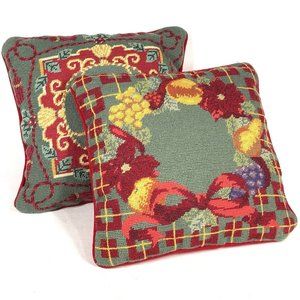 Vintage Christmas Needlepoint Pillow Pair Set 2 Wool Jabara 12” Square Velvet‎